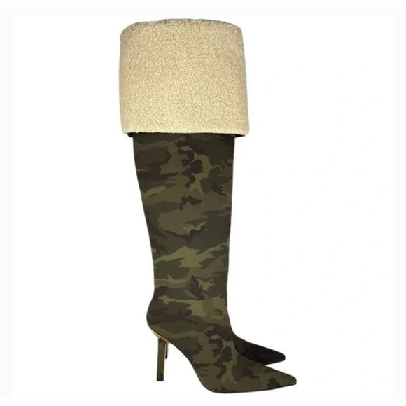 GOOD AMERICAN High Kickstand Camouflage Neoprene Knee High Boots size 10.5 NWOB